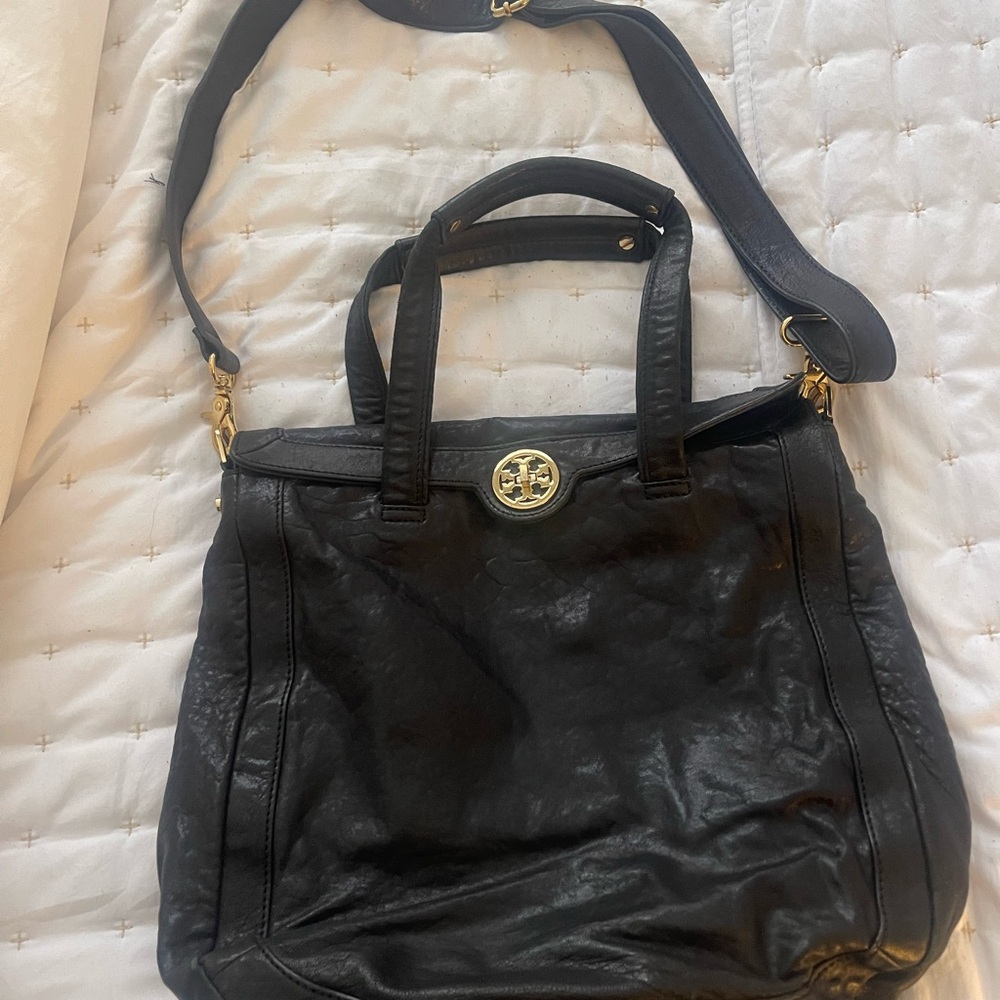 Black Leather Tory Burch Tote Bag